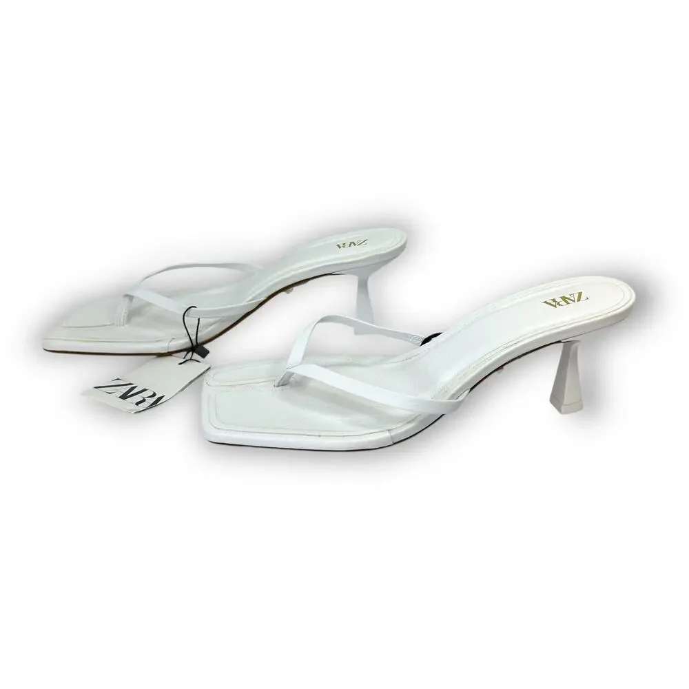 Zara Strappy Toe Post Heeled Leather Sandals Size EU 41 US 10 White Square Toe - Picture 4 of 14
